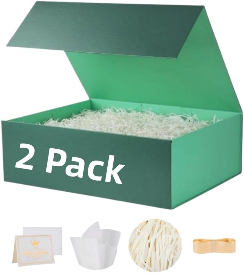 UoeRing 2 Pack Green Gift Box Large 13.5x11.8x4.7 inch Luxury Gift Box for Presents with Magnetic Closure Lid Collapsible,Birthday,Christmas,Contains Card, Ribbon, Tissue Paper,Shredded Paper Filler - Image 1